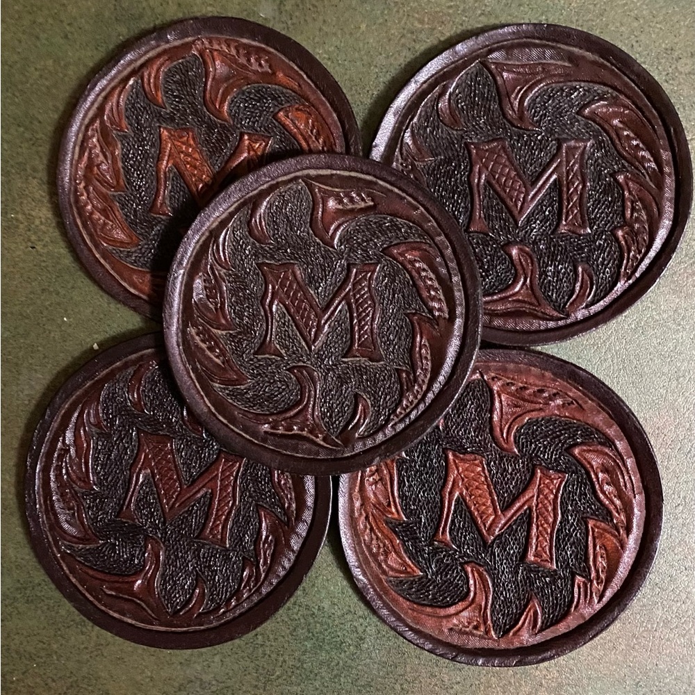 Leather Coasters “ M”, Set of 5